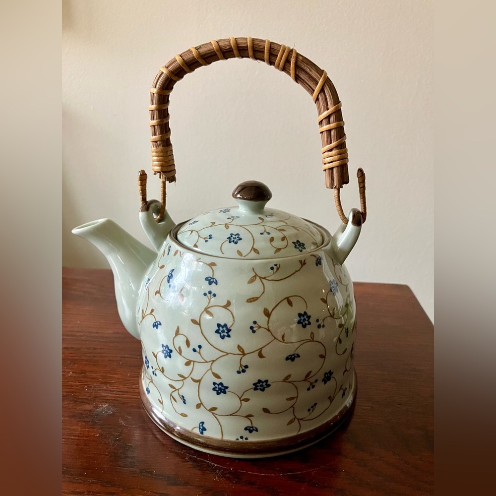 Japanese Floral Ceramic Teapot with Wicker Handle